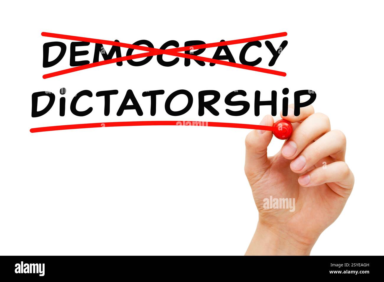 Handschrift Diktatur vs. Demokratiekonzept über das Risiko, aus einer Demokratie eine Diktatur zu machen. Stockfoto