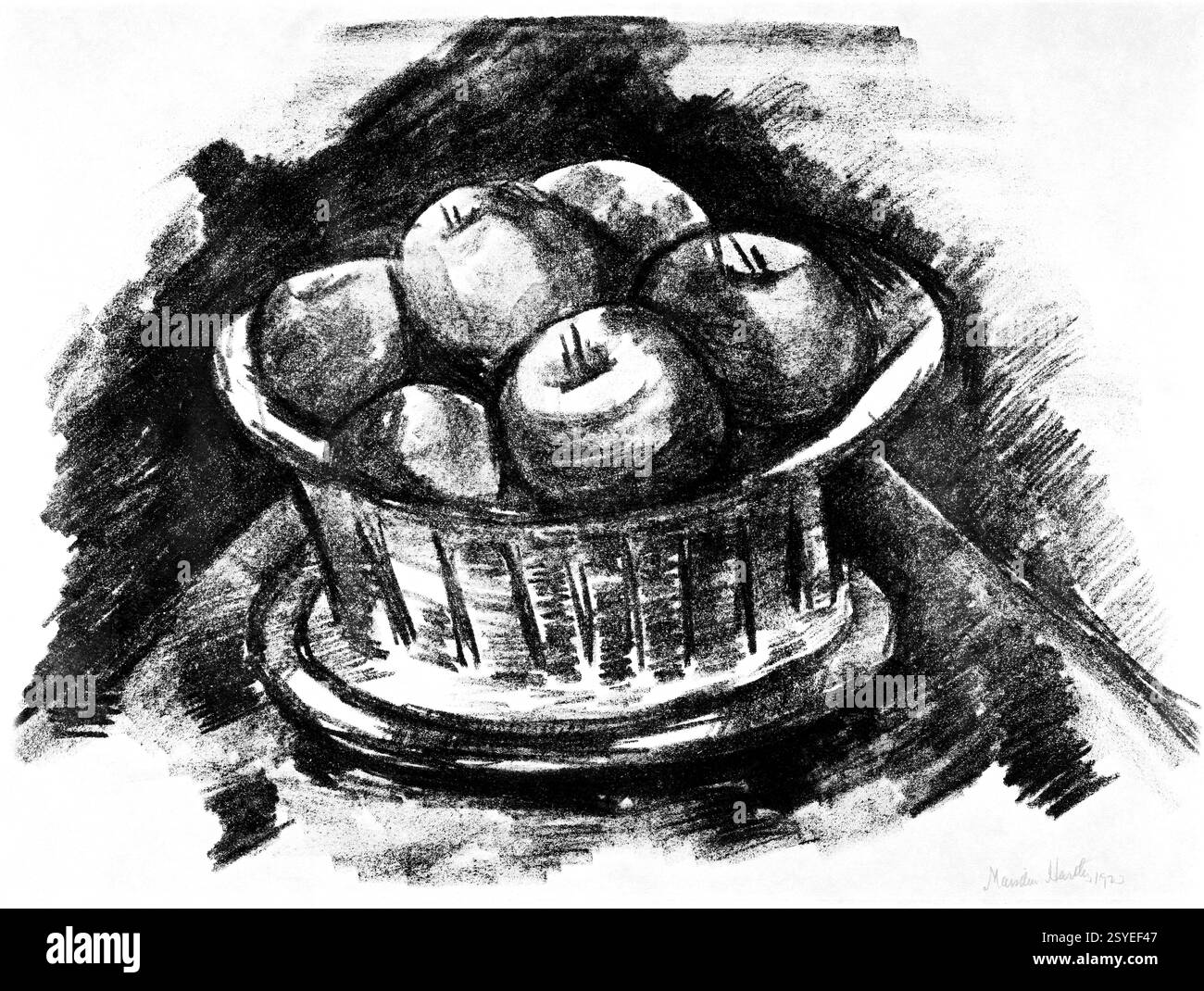 Apples in Basket 1887 von Marsden Hartley Monochrome Sketch of Fruit Bowl still Life High Resolution Public Domain Stockfoto