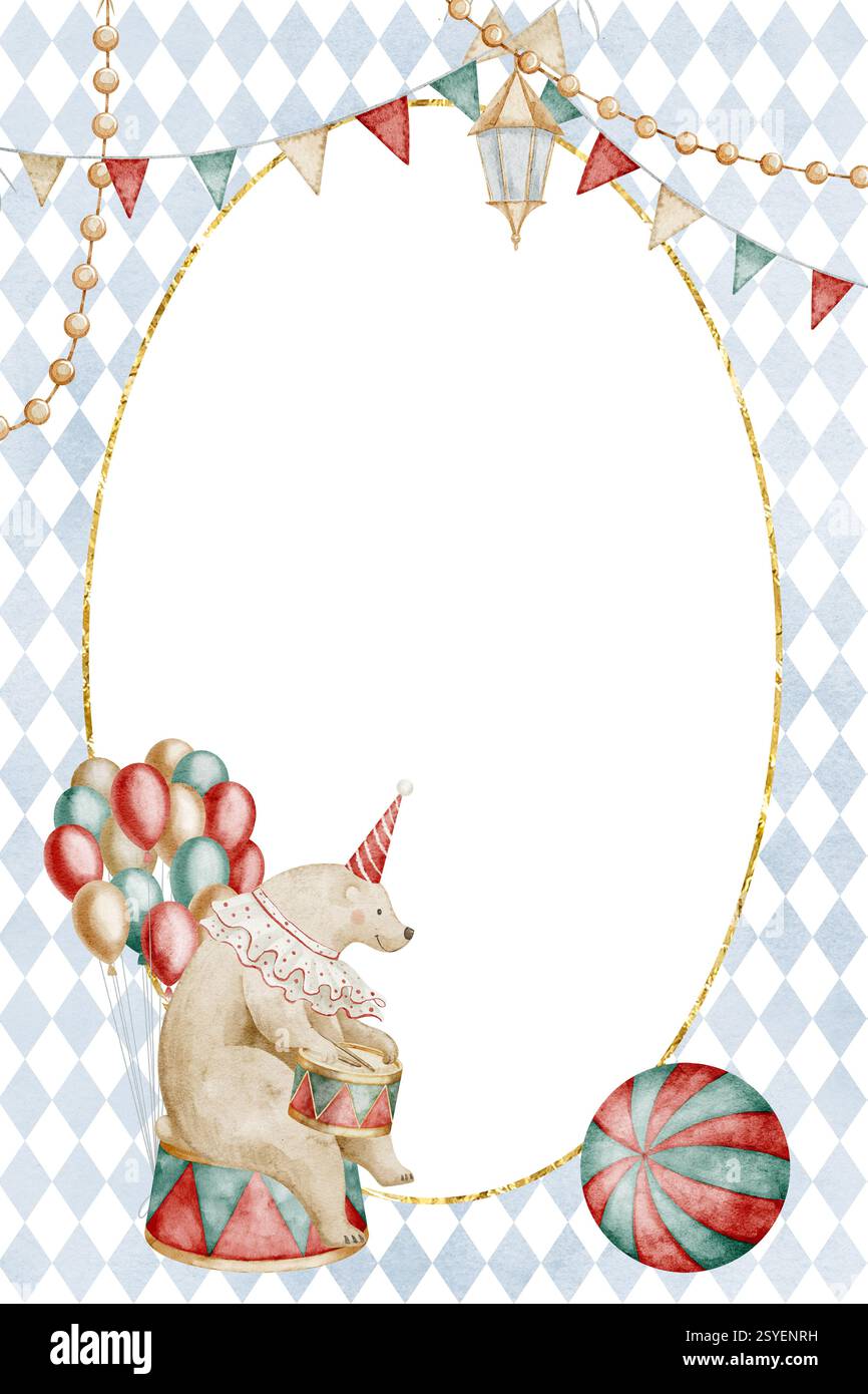 Aquarellvorlage mit festlichem Bären, umgeben von Ballons und Zirkuselementen. Illustration der kindlichen Reißkarte oder Babyduscheinladungen wi Stockfoto