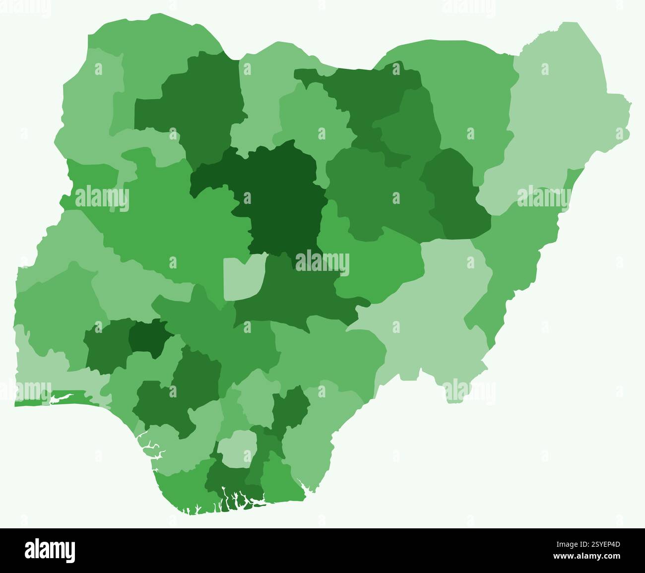 Karte von Nigeria mit Regionen. Nur eine einfache Ländergrenzkarte mit regionaler Aufteilung. Grüne Farbpalette. Stock Vektor