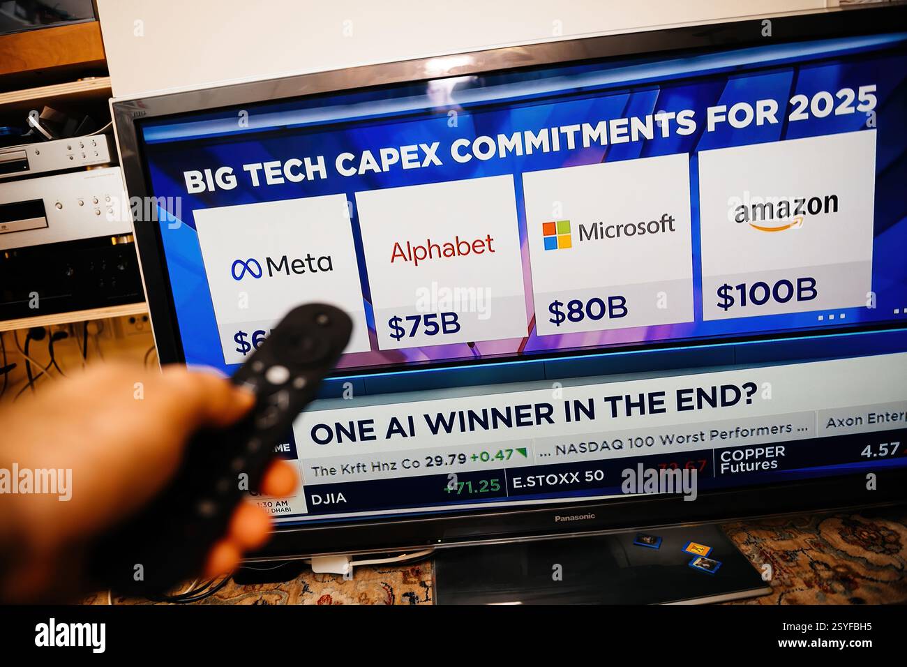 Paris, Frankreich - 19. Februar 2025: Eine Person hält eine Fernbedienung, während sie CNBC auf einem Panasonic-Fernseher ansieht und Meta, Alphabet, Microsoft und Amazon 2025-Cap anzeigt Stockfoto