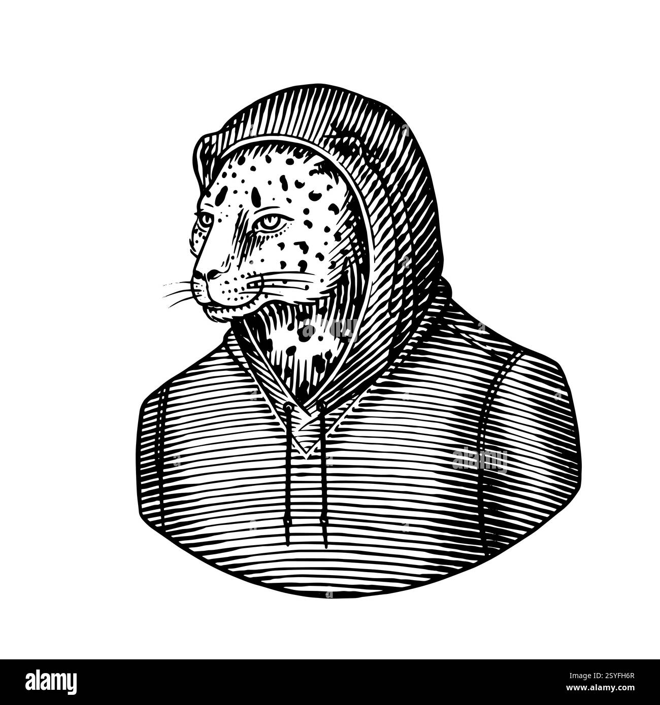Afrikanischer Gerard im Hoodie. Große wilde Katze in Kleidung in handgezeichnetem Stil. Hacker-Konzept für die geschäftliche Nutzung oder Nutzung im Internet. Jaguar oder Leopard im Menschen Stock Vektor