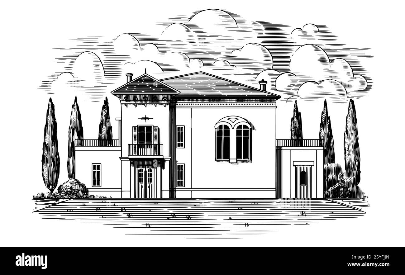 Italienische oder französische Villa von riviera. Mediterrane Landschaft für Weinetikett mit Weinbergen und Zypressen. Alte Gebäudezeichnung in traditionellem Stift Stock Vektor