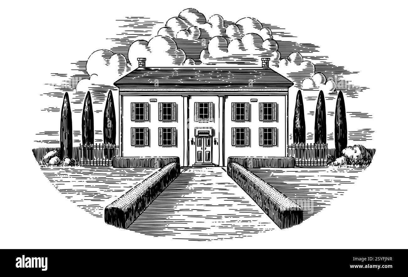 Italienische oder französische Villa von riviera. Mediterrane Landschaft für Weinetikett mit Weinbergen und Zypressen. Alte Gebäudezeichnung in traditionellem Stift Stock Vektor