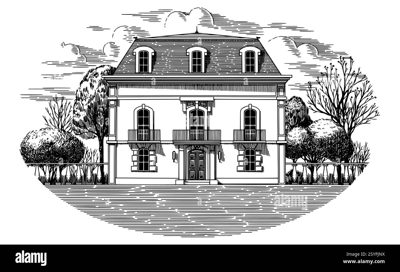 Italienische oder französische Villa von riviera. Mediterrane Landschaft für Weinetikett mit Weinbergen und Zypressen. Alte Gebäudezeichnung in traditionellem Stift Stock Vektor