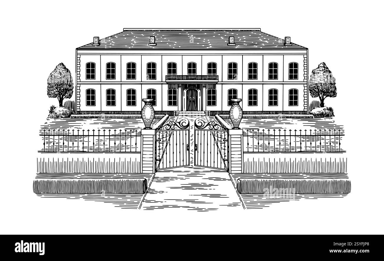 Italienische oder französische Villa von riviera. Mediterrane Landschaft für Weinetikett mit Weinbergen und Zypressen. Alte Gebäudezeichnung in traditionellem Stift Stock Vektor