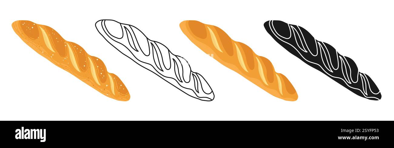 Französisches Baguette-Brot Backen Brot Symbol Set. Handgezeichnetes Brot gebackenes Gebäck Weizen verschiedene Stile Kritzelumrandung Silhouette Cartoon-Set. Für Bäckerei Lebensmittel Branding Menü Rezeptbücher Gebäck Vektor Stock Vektor