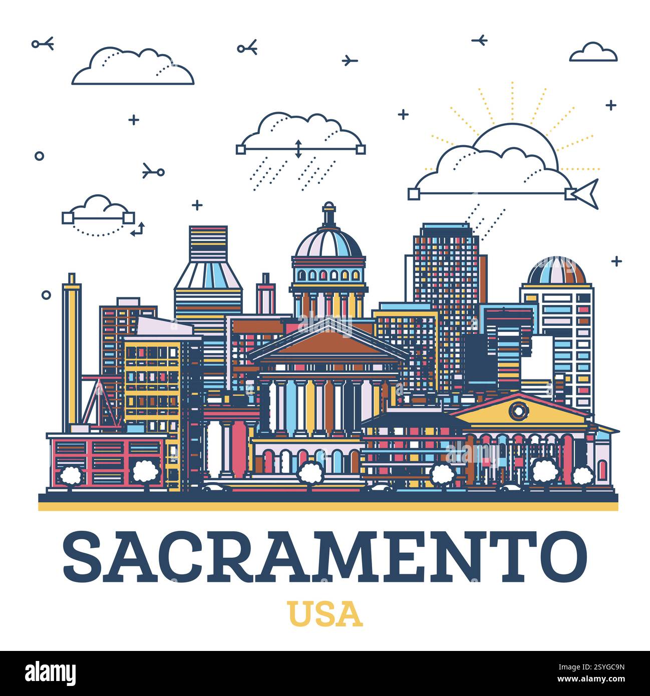 Umreißen Sie die Skyline der Stadt Sacramento California mit farbigen modernen und historischen Gebäuden, die auf weiß isoliert sind. Vektorabbildung. Sacramento USA. Stock Vektor