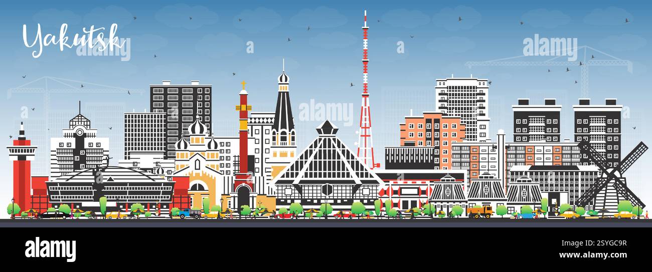 Skyline der Stadt Jakutsk Russland mit farbigen Gebäuden und blauem Himmel. Vektorabbildung. Jakutsk Stadtbild mit Wahrzeichen. Stock Vektor