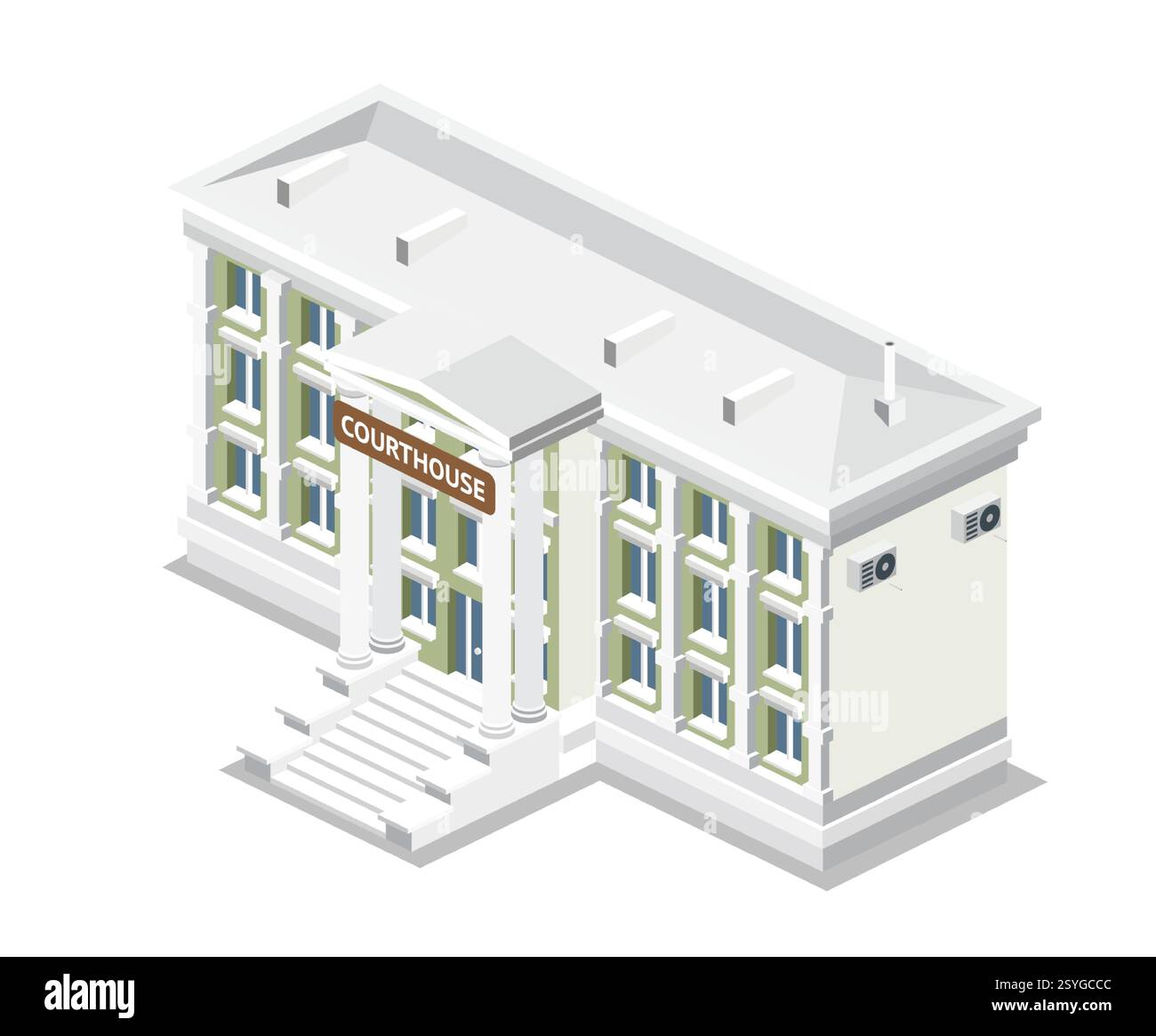 Isometrische Ansicht des Gerichtsgebäudes isoliert auf weiß. Öffentliches Gebäude mit hohen Säulen. Vektorabbildung. Recht und Gerechtigkeit. Stock Vektor