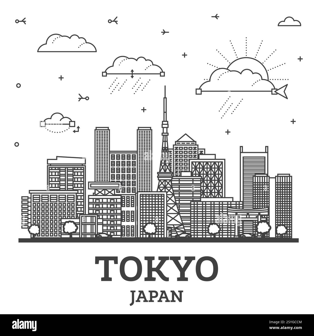 Umreißen Sie die Skyline der Stadt Tokio Japan mit modernen und historischen Gebäuden, die auf weiß isoliert sind. Vektorabbildung. Tokio Stadtlandschaft mit Wahrzeichen. Stock Vektor
