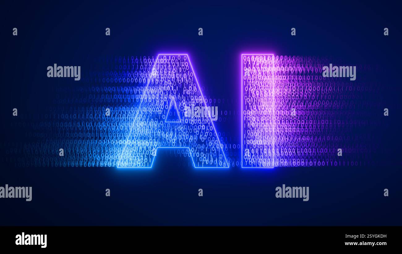 KI-Buchstaben mit Illustrationshintergrund für Dateninnovationen. Künstliche Intelligenz ermöglicht datengesteuerte Analysen, Big Data, Automatisierung, neuronale Netzwerke, Stockfoto