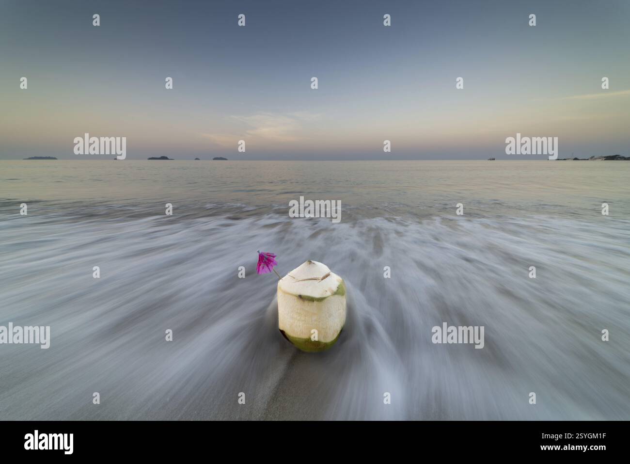 Kokosnuss bei Sonnenaufgang am Strand, Koh Changi Island, Andamanensee, Südthailand, Thailand, Asien Stockfoto