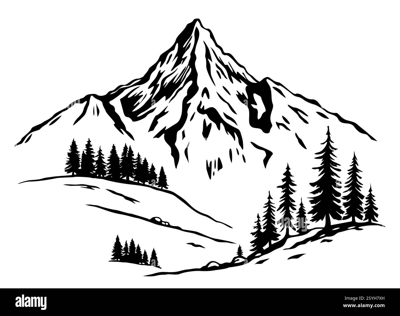 Silhouette einer Bergkette mit Kiefern Stock Vektor