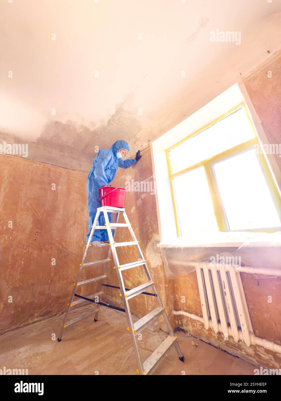 Ein Arbeiter in einem blauen Anzug wäscht gekonnt Kreide und Kalk von der Decke, während er auf einer Leiter in der Nähe eines Fensters balanciert Stockfoto Ein Arbeiter in einem blauen Anzug wäscht gekonnt Kreide und Kalk von der Decke, während er auf einer Leiter in der Nähe eines Fensters balanciert Stockfoto