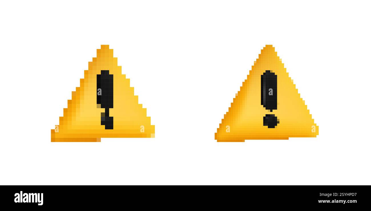 Zwei pixelförmige gelbe Warnzeichen mit schwarzen Ausrufezeichen und dreieckigen Formen Stock Vektor