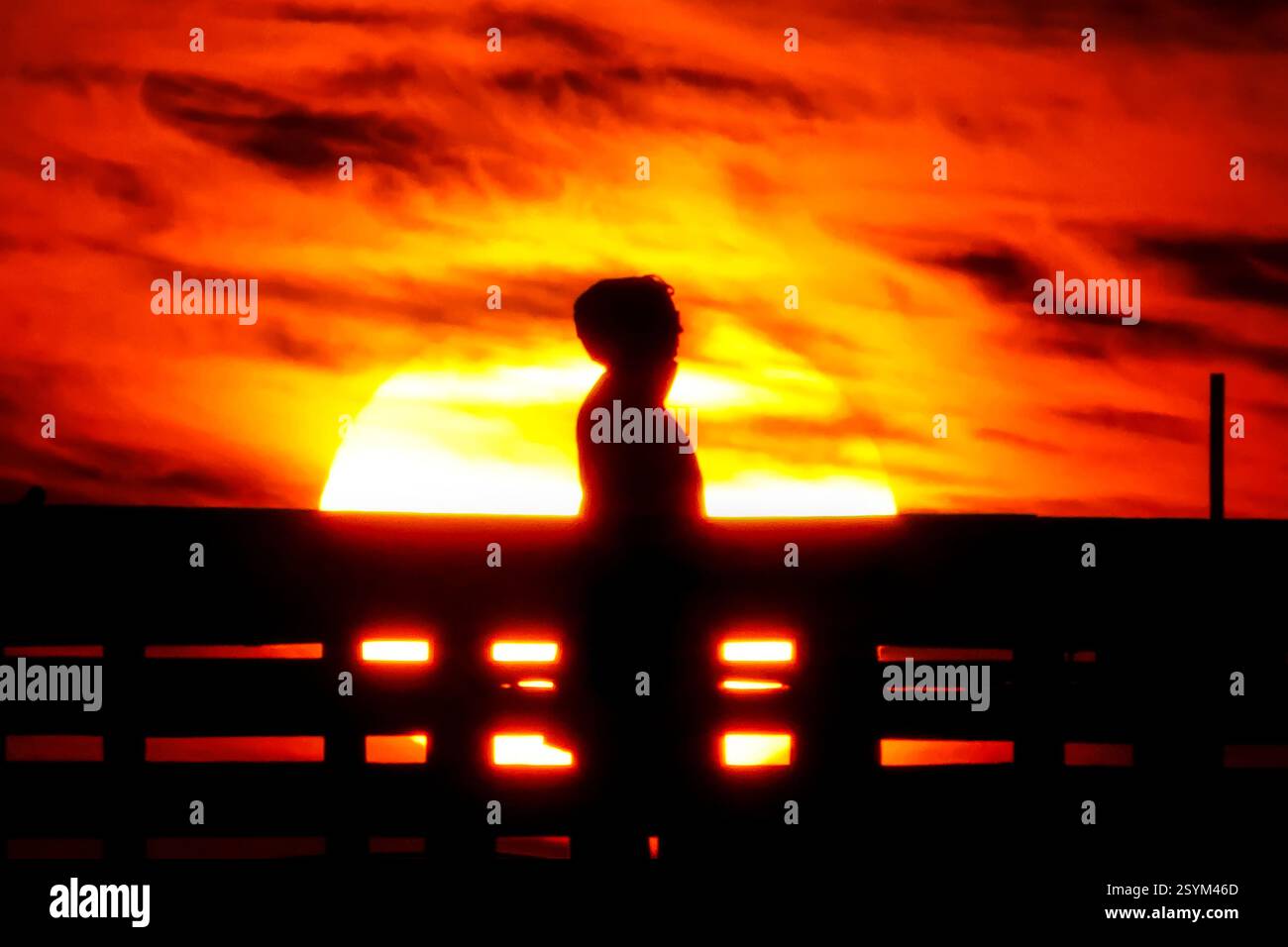Isle Of Palms, Usa. März 2025. Eine Person, die vom Sonnenaufgang über dem Atlantischen Ozean geschildert wird, beobachtet vom Isle of Palms Pier am Front Beach, 1. März 2025 in Isle of Palms, South Carolina. Eine allmähliche Erwärmung bis in die 70er Jahre wird sich nach einem harten Winter im Tiefland fortsetzen. Quelle: Richard Ellis/Richard Ellis/Alamy Live News Stockfoto