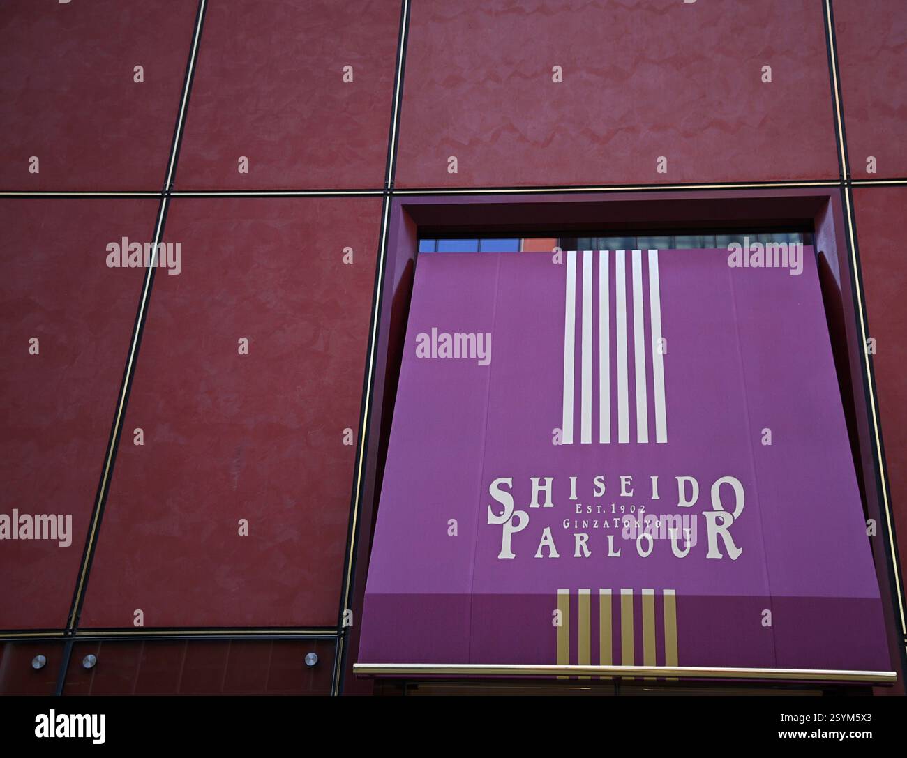 Landschaft mit malerischem Blick auf den Shiseido Beauty Parlour Shop auf der Chuo-dori Avenue in Ginza, Tokio Japan. Stockfoto