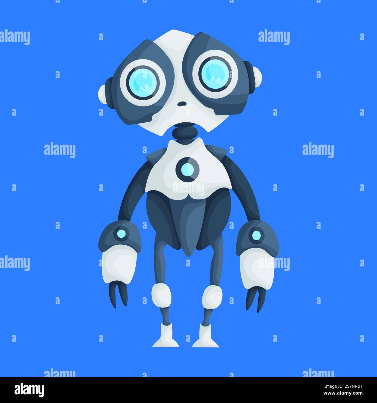 Futuristischer Karikaturroboter mit großen kreisförmigen Augen, krallenartigen Händen und einem eleganten blau-weißen Design auf blauem Hintergrund. Stock Vektor
