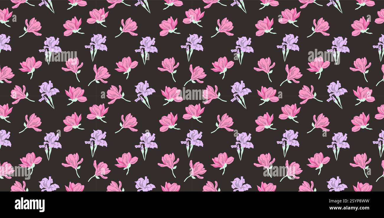 Zartes nahtloses Muster mit handgezeichneter Magnolie und Irisblüten auf dunklem Hintergrund. Vektordesign. Stock Vektor