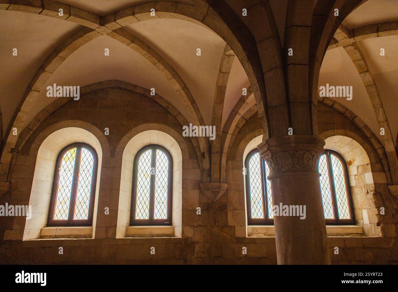 Majestätisches Interieur mit einer Reihe von Bogenfenstern und gerippten Gewölben, die die komplexen architektonischen Details und das Spiel von Licht und Schatten hervorheben Stockfoto