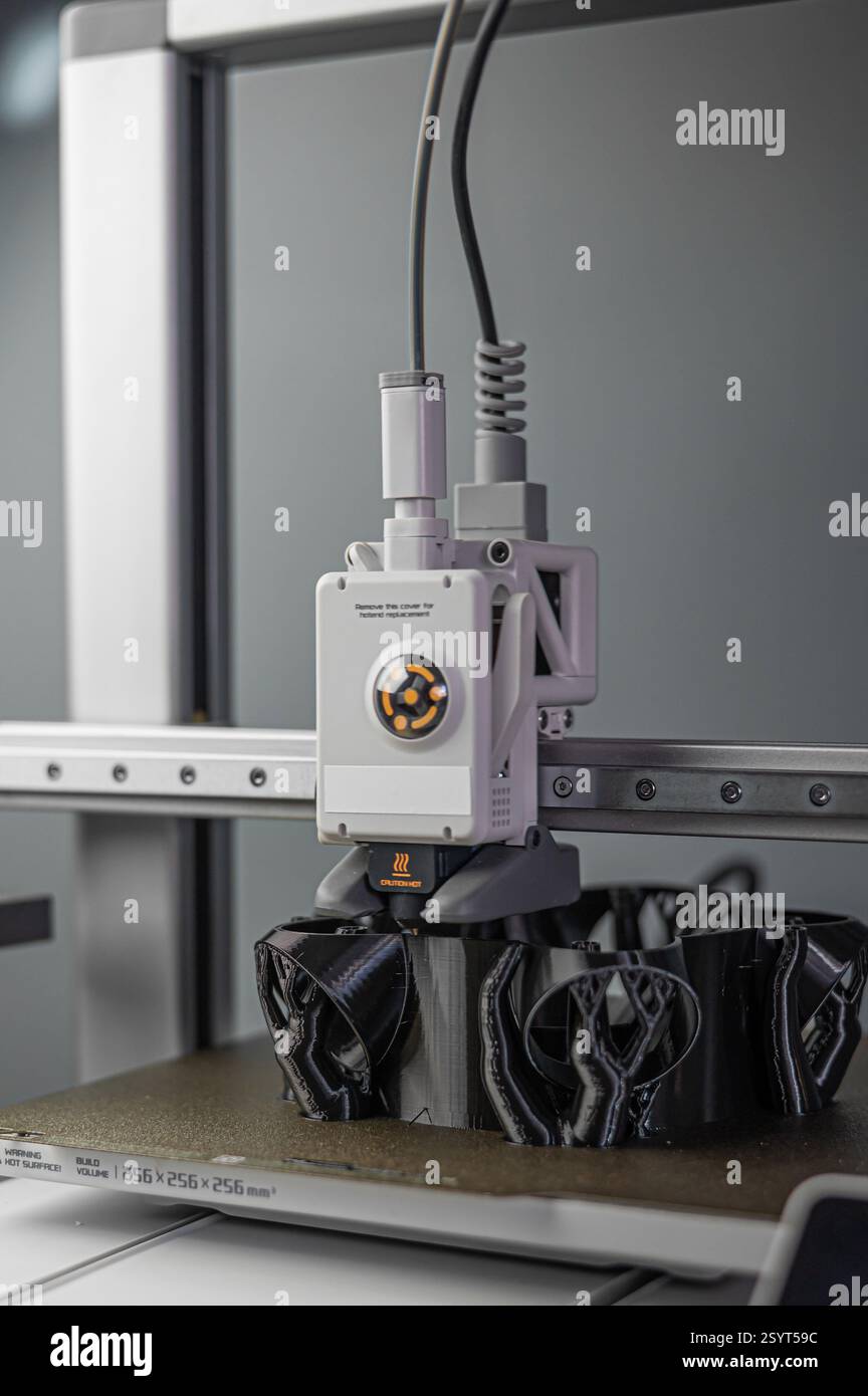 3D-Drucker druckt ein Objekt. Der Prozess des Druckens des Modells auf einem 3D-Drucker. Modell auf 3D-Drucker aus geschmolzenem Kunststoff gedruckt. 3D-Drucktechnologien Stockfoto
