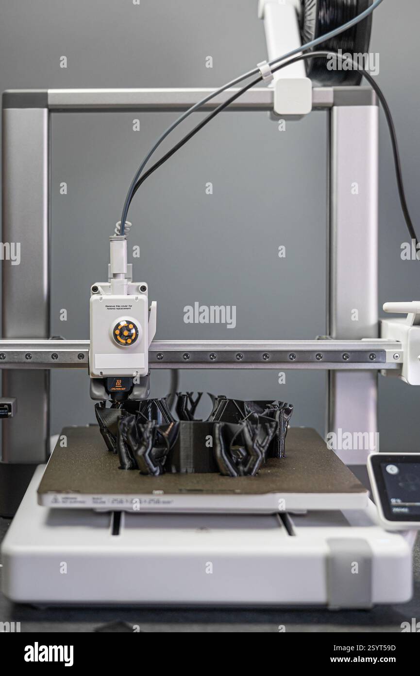 3D-Drucker druckt ein Objekt. Der Prozess des Druckens des Modells auf einem 3D-Drucker. Modell auf 3D-Drucker aus geschmolzenem Kunststoff gedruckt. 3D-Drucktechnologien Stockfoto