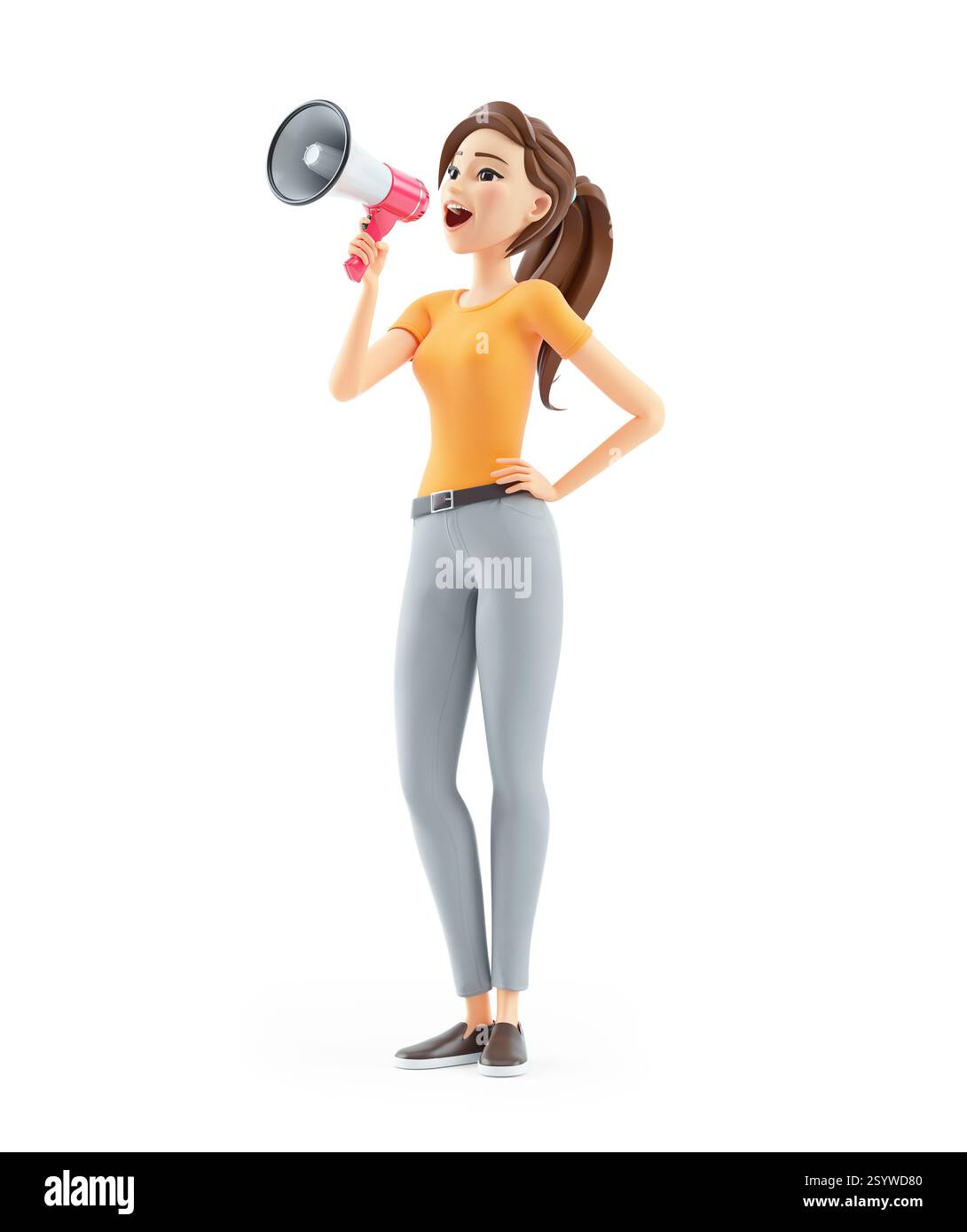 3D-Frau, die eine Ankündigung mit Megaphon macht, Illustration isoliert auf weißem Hintergrund Stockfoto