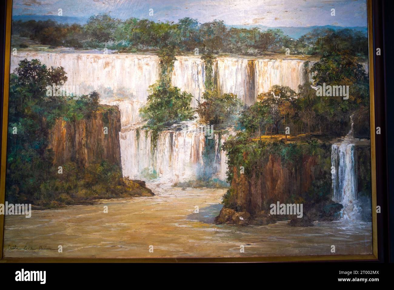 Weltberühmte Iguazu Falls Foz De Iguacu Vintage Signierte Gerahmte Wandmalerei, Abblätternde Ölleinwand. Besucherzentrum Museum Brasilien, Südamerika Stockfoto