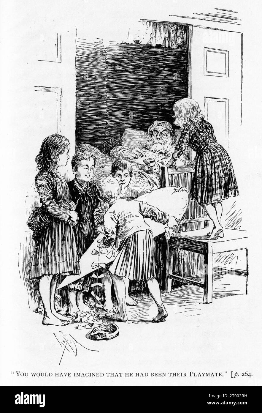 Szene aus Ian Maclarens Buch The Days of Auld lang Syne, 1902, mit Kindern, die mit einem alten Mann spielen Stockfoto