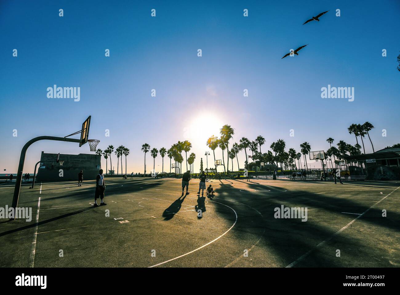 Sonnenuntergang auf den Basketballplätzen von Venice Beach - Los Angeles, Kalifornien Stockfoto