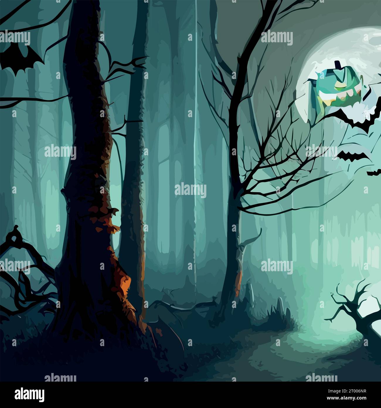 Dunkler Wald, Halloween-Hintergrund mit Fledermäusen, Bäumen. Halloween, violett, violette Vorlage. Vektordarstellung. Stock Vektor