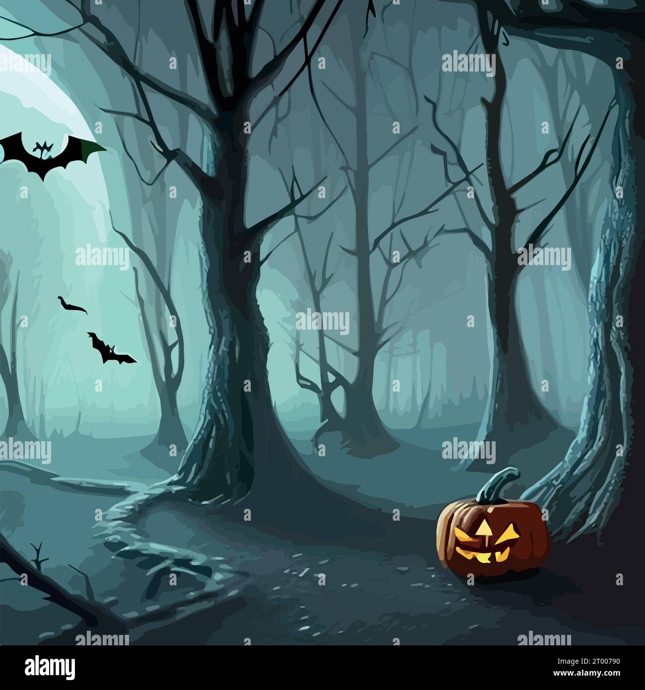Halloween Kürbisse im dunklen, gruseligen Wald. Vektordarstellung für Halloween. Stock Vektor