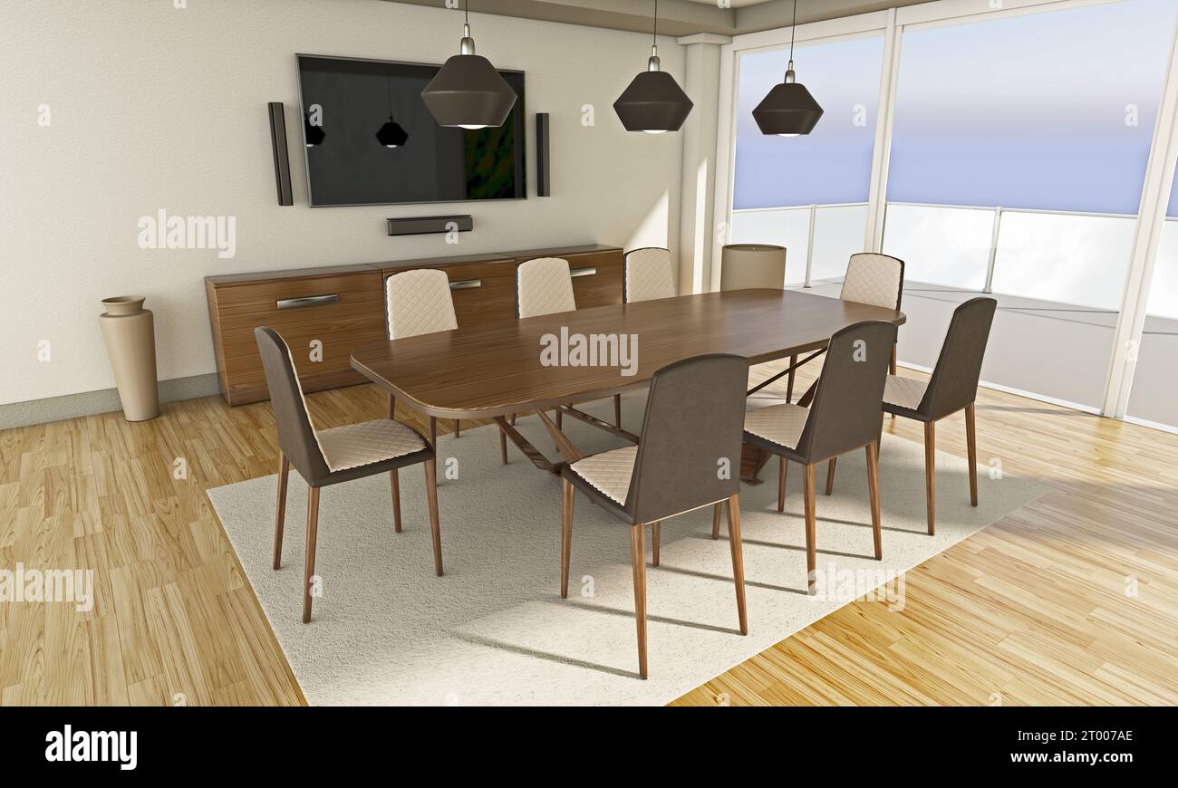 Esstisch und Stühle im Zimmer. 3D-Abbildung. Stockfoto