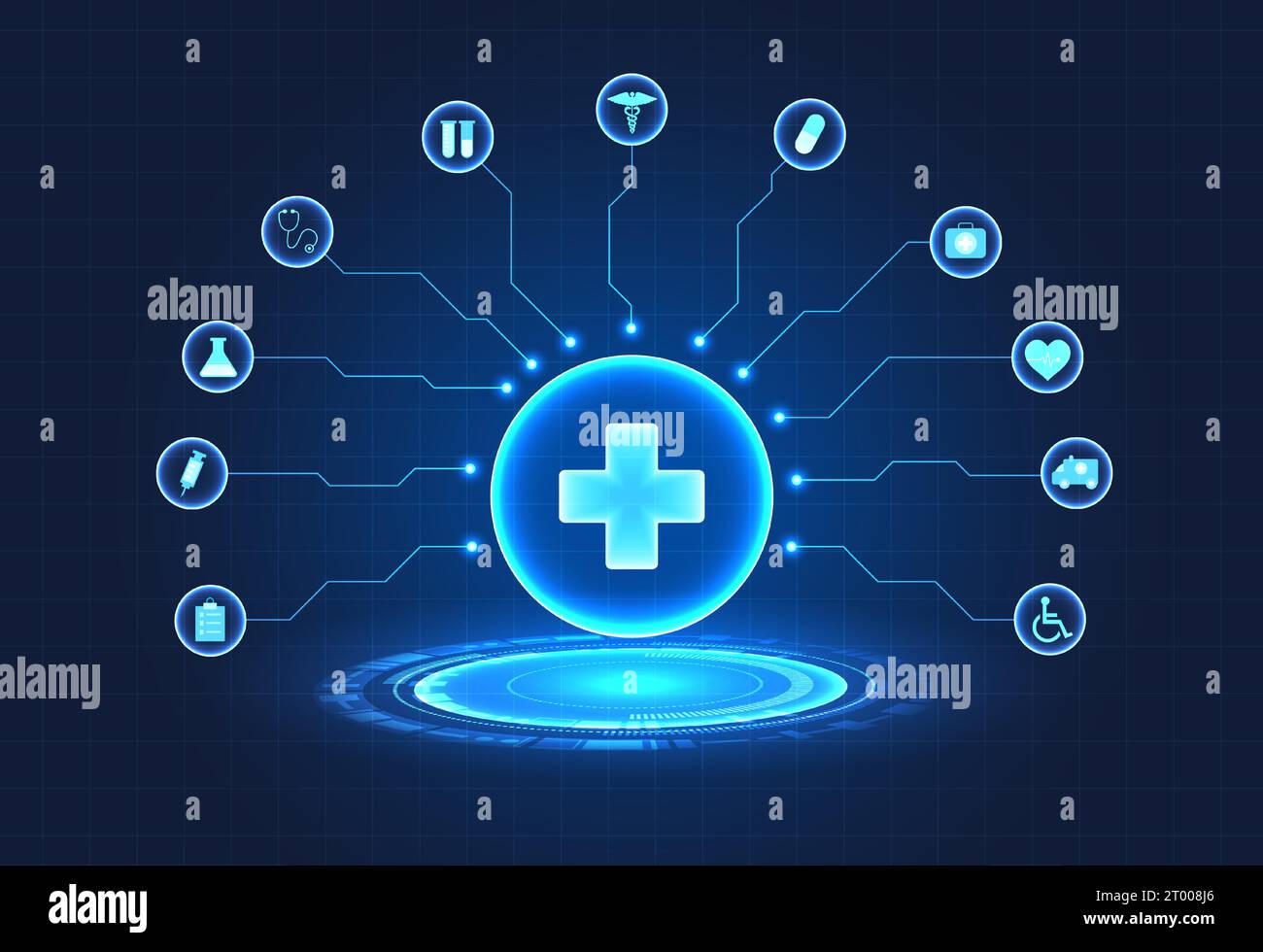 Medizintechnikkreis in der Mitte befindet sich ein Arztsymbol und ein Kreis mit einer Verbindung zu modernen Zahlungsinnovationen, die den Patienten den Zugang ermöglichen Stock Vektor