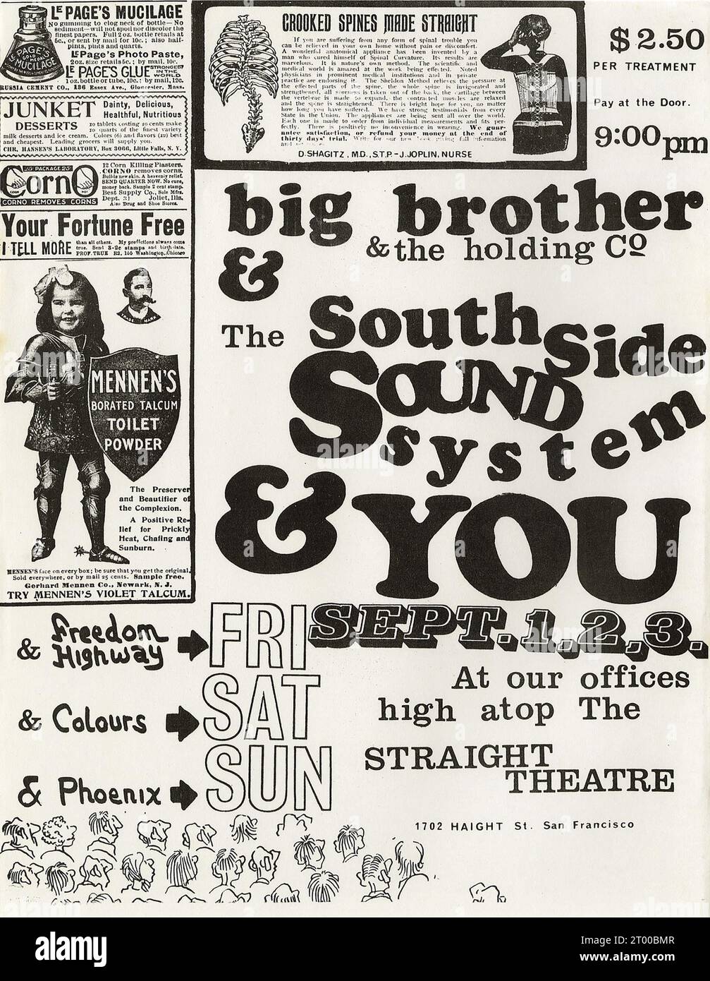 Big Brother and the Holding Company (feat Janis Joplin), Southside Sound System, Straight Theatre Handbill (Straight Theatre, 1968) San Francisco Stockfoto