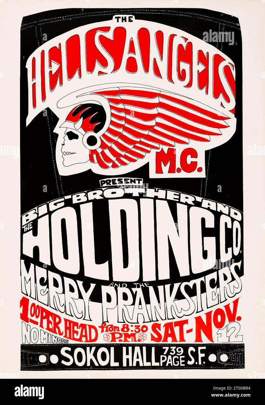 Hells Angels - Big Brother And The Holding Company - Merry Pranksters - Sokol Hall - Vintage Concert Poster 1966) Stockfoto