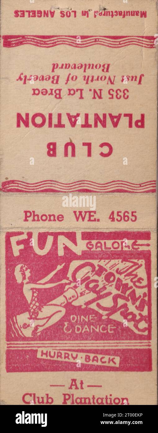 Club Plantation, 335 North La Brea, Los Angeles - US Matchbook umfasst 1940er Jahre Stockfoto