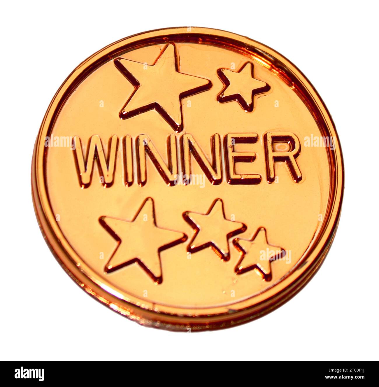 Medaille, Medaille, goldene Münze mit 5 Goldsternen, Wortgewinner, 4ever, Forever, Game Party oder Geschenk isoliert für Firmenfeier, Sport Stockfoto