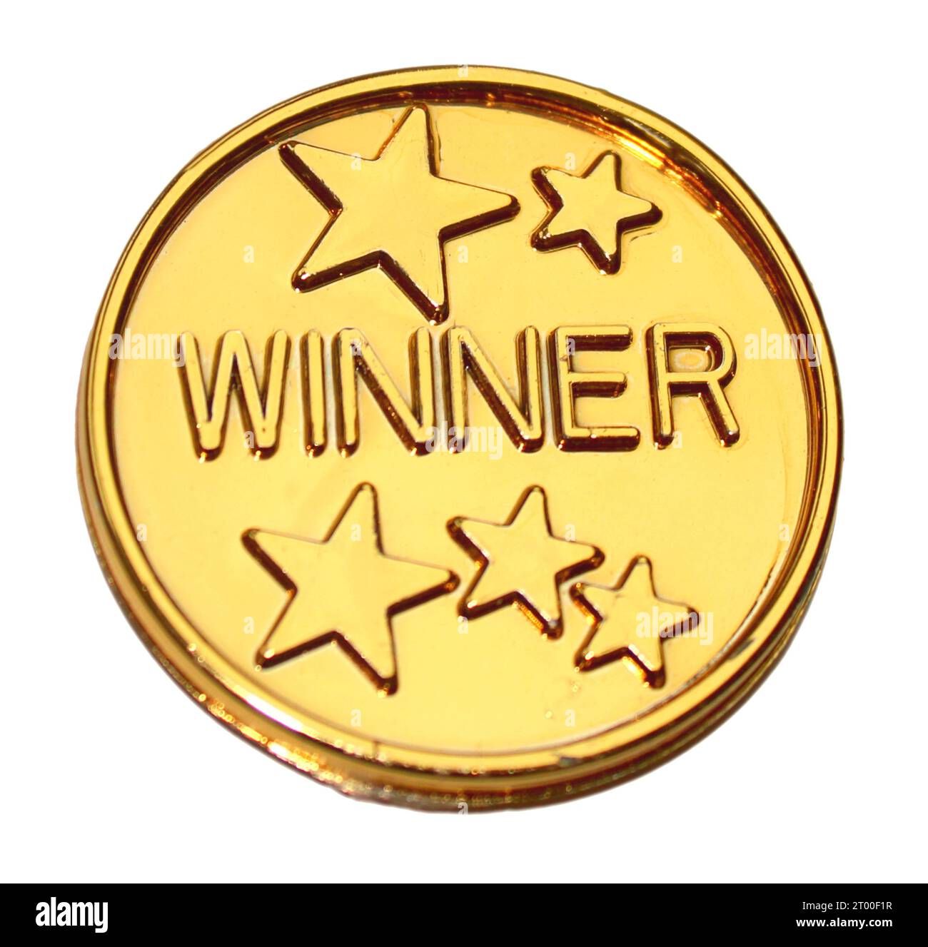 Medaille, Medaille, goldene Münze mit 5 Goldsternen, Wortgewinner, 4ever, Forever, Game Party oder Geschenk isoliert für Firmenfeier, Sport Stockfoto