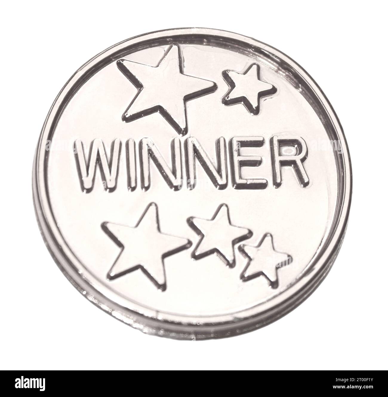 Medaille, Medaille, goldene Münze mit 5 Goldsternen, Wortgewinner, 4ever, Forever, Game Party oder Geschenk isoliert für Firmenfeier, Sport Stockfoto