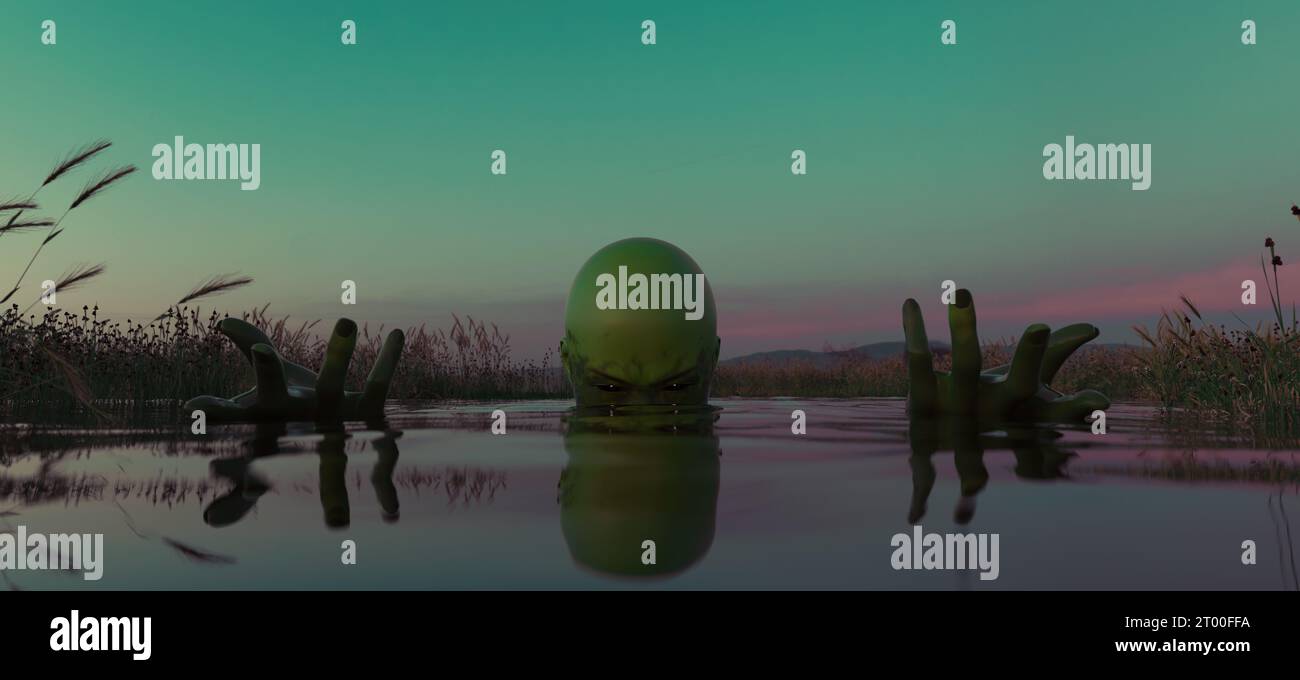 Gruseliger grüner Ghul Dämon lauernd Wasseraugen Halloween Horror Sonnenuntergang 3D Illustration Rendern Digital Rendering Stockfoto