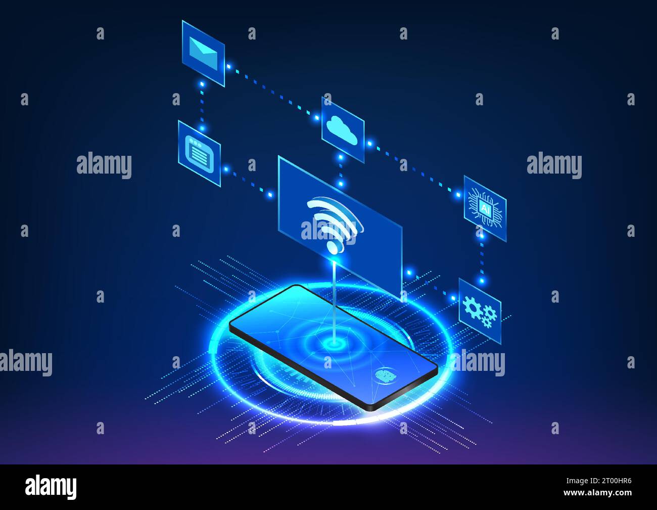 Smartphone mit Wi-Fi-Symbol, nahtlos verbunden mit verschiedenen Technologiesymbolen im Hintergrund. Der Technologiekreis vervollständigt die Komposition Stock Vektor