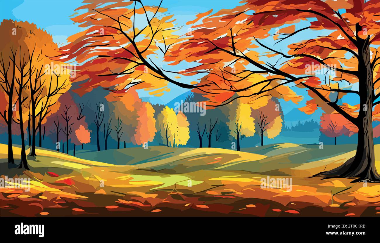 Banner Herbstlandschaft Wald Blue Cloud Sky vor dem Hintergrund von Hügeln und Bergen gelbe Bäume, Vektorbild. Vektordarstellung Stock Vektor