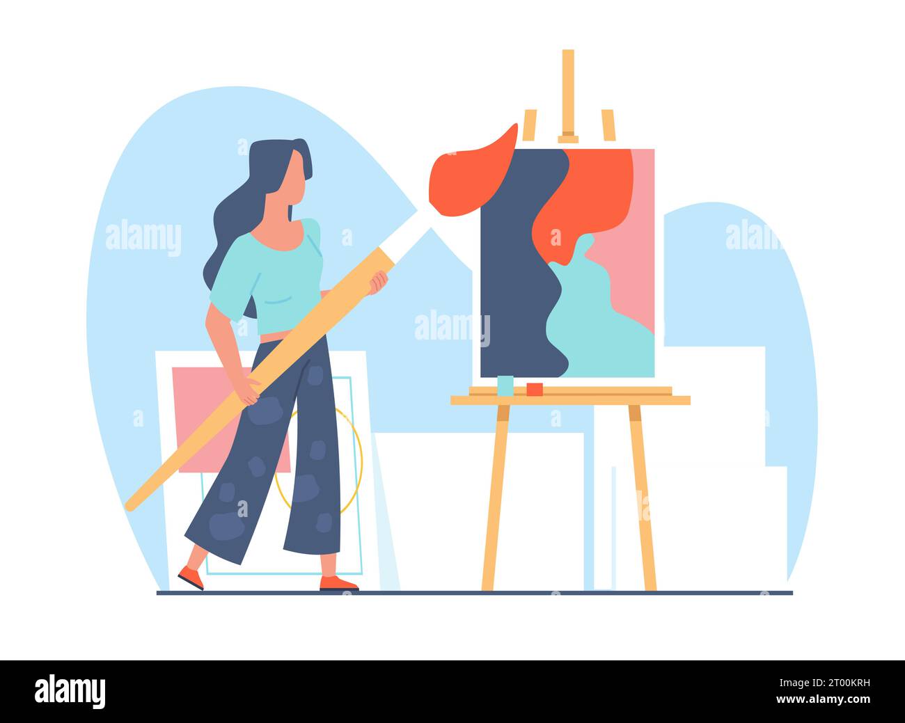 Künstlerin mit Pinsel auf einer Staffelei. Zeichenzeichnung für weibliche Zeichen. Kreatives Hobby, Kunstwerk. Abstraktes Bild. Cartoon Flat Stock Vektor
