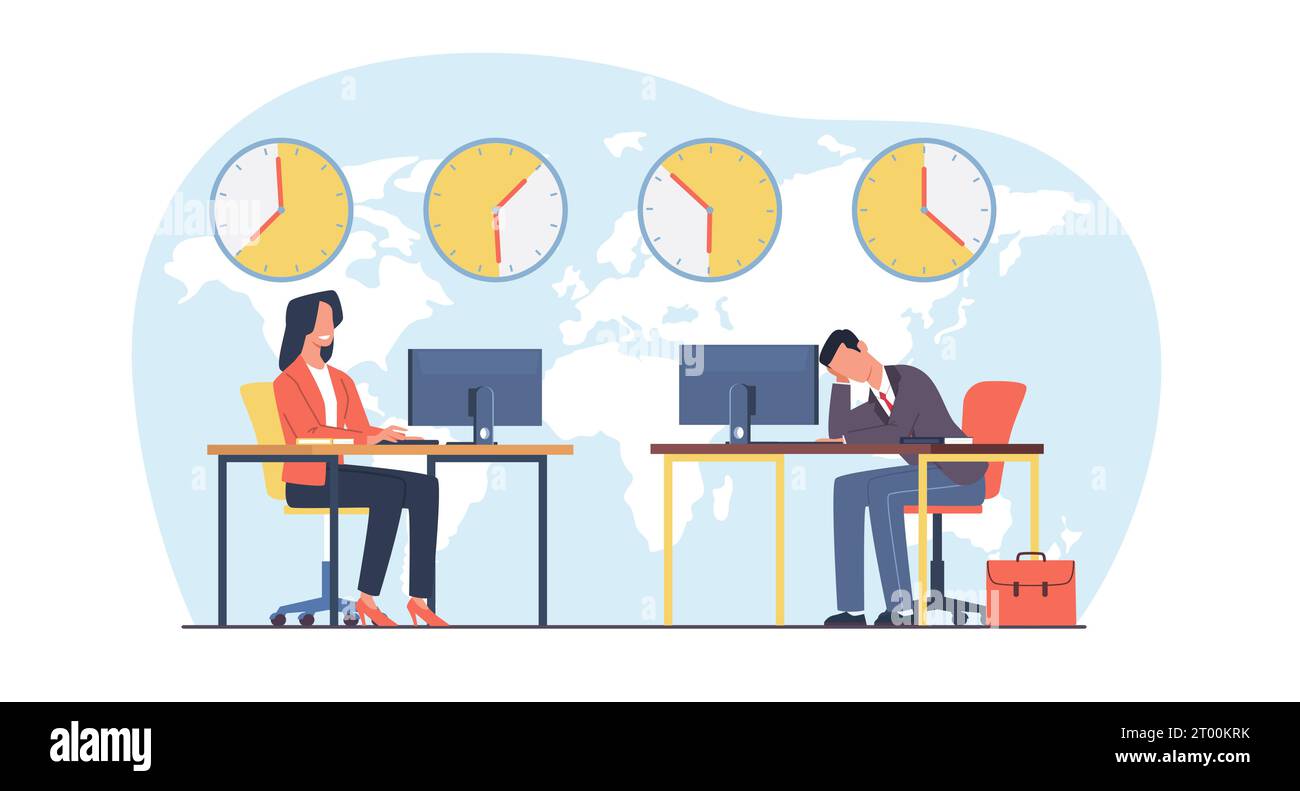 World Business Time Concept, Manager arbeiten in Zweigstellen in verschiedenen Zeitzonen. Internationale Geschäfte. Uhren, die die lokale Zeitzone anzeigen. Globales Netzwerk Stock Vektor