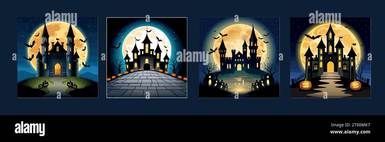 Banner Set Halloween Nacht Hintergrund, Kürbisse und dunkle Burg Silhouette im Hintergrund des Vollmondes mit fliegender Maus. Vektordarstellung. Stock Vektor
