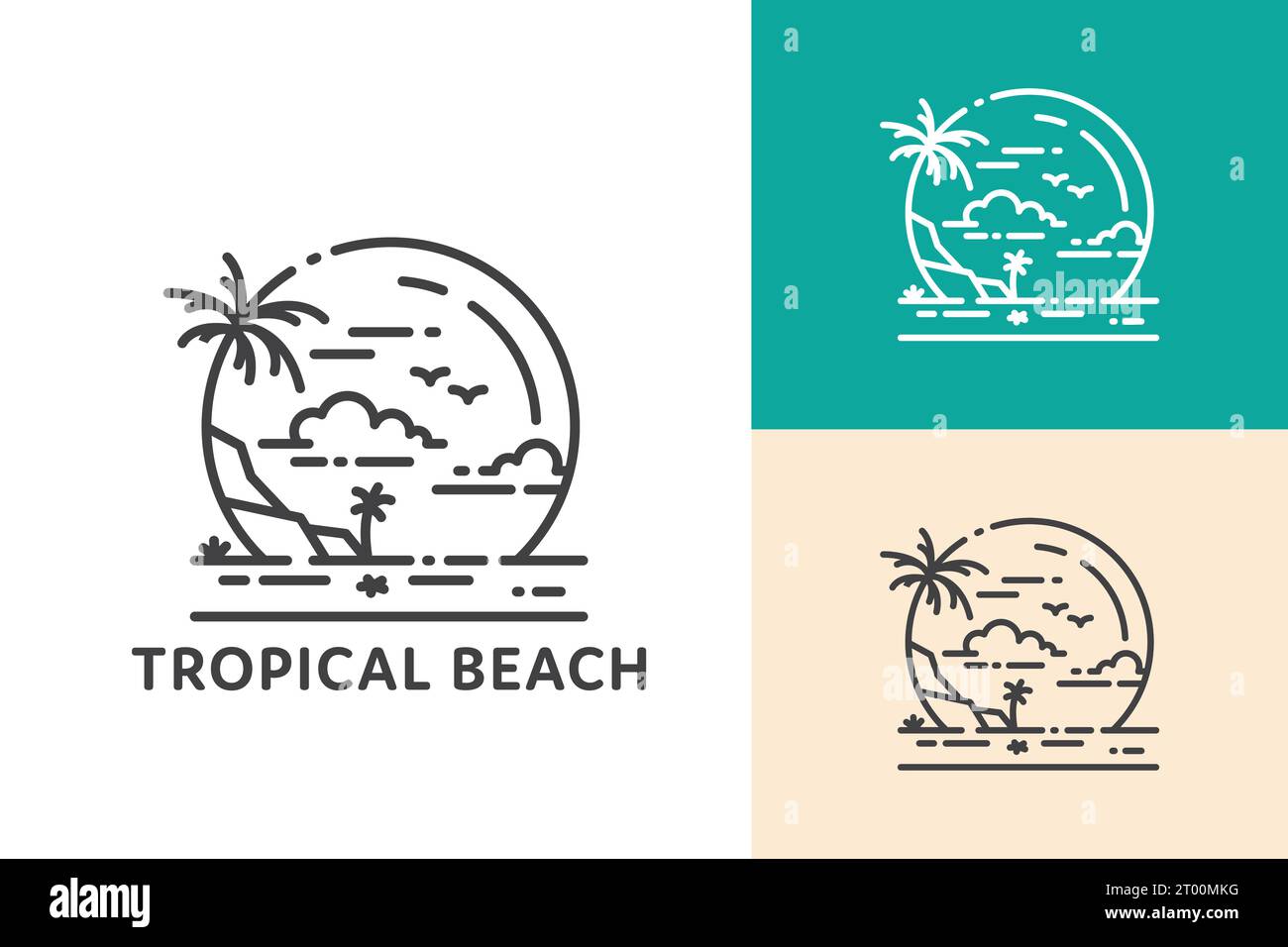 Tropisches Strand-Logo mit runden Palmen zieren das Design des Kunstemblems für Urlaubs- und Hotelurlaub Stock Vektor