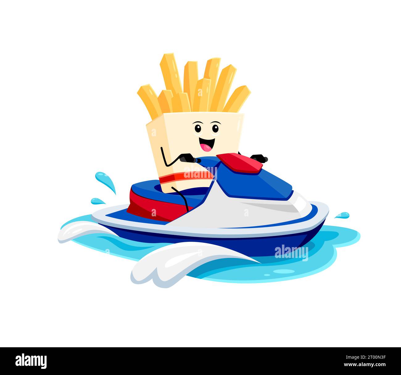 Cartoon Pommes Frites Figur auf Jet Ski. Street Cafe Mahlzeit lustiges Maskottchen, Essen zum Mitnehmen Menü oder Fast Food Restaurant Gericht glückliche Vektorpersönlichkeit oder französisch Pommes frites kindlichen Charakter im Sommerurlaub Stock Vektor
