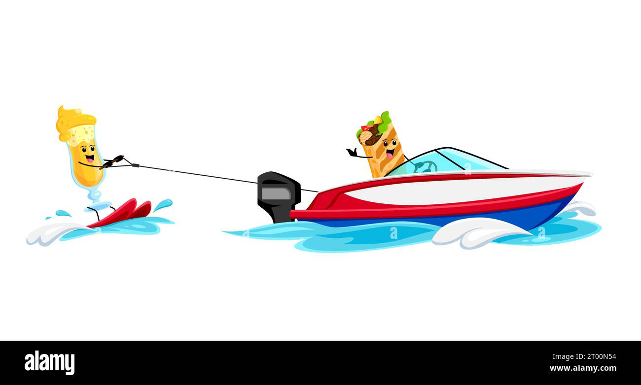 Cartoon-Fastfood-Sandwiches und Cocktailfiguren Wasserski. Fastfood Mahlzeit und Getränk komische Persönlichkeiten, Street Cafe Menü Burrito und Smoothie fröhliche Vektorfiguren im Sommerurlaub Stock Vektor